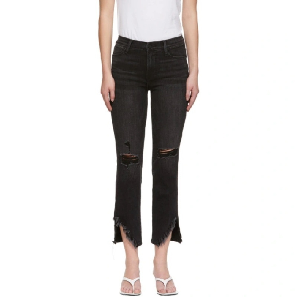 Frame Denim Le High Rise Straight Side Fray Distressed Killington Black Jeans 27